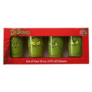 New! Boxed Set of 4 Grinch Who Stole Christmas Pint Glasses Dr. Seuss Cartoon
